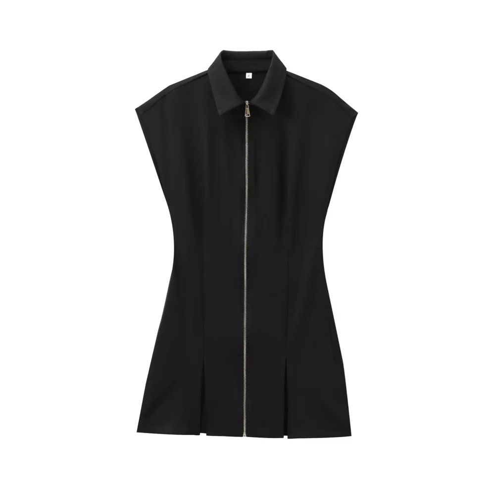 فستان نسائي قصير بسحاب وياقة بلون سادة مزين لربيع وصيف ملابس نسائية غير رسمية جديدة