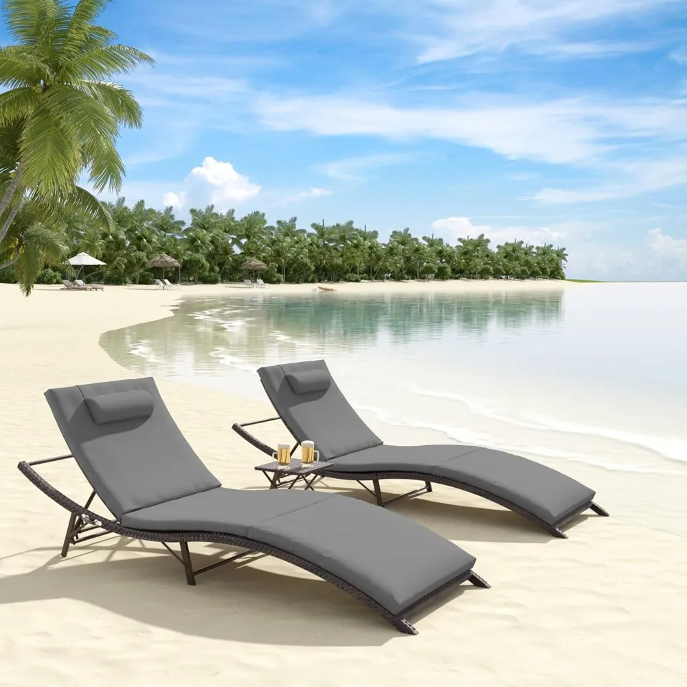 Pool Lounge Chairs Outdoor Adjustable Chaise Lounge Chairs w/Sponge Cushion,2 Foldable & Portable Chairs and 1 Table for