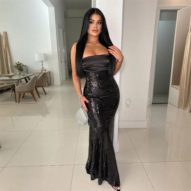 New Fashion Sexy Women Strapless Backless Sequins Glitter Long Party Dresses Black Big Bow Bodycon Slim Mermaid Night Club Dress