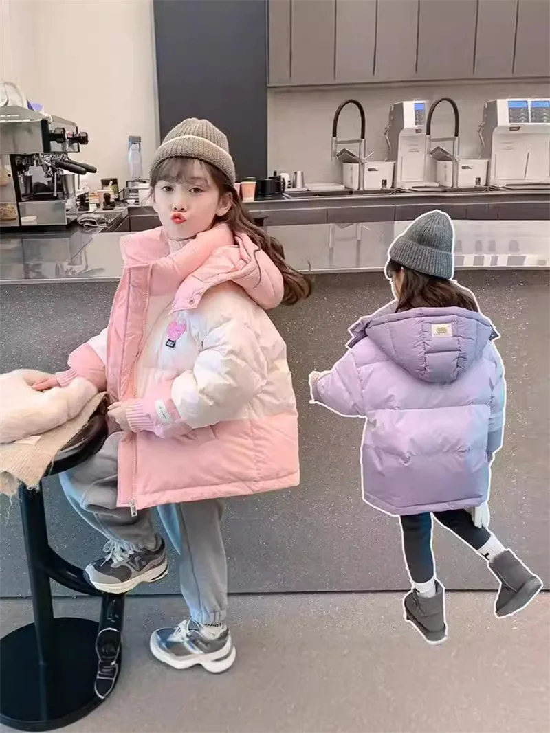 Winter Down Coats Children Outdoor Hooded Thick Plush Outerwear Girls Casual Versatile Windproof Jacket Girls Thermal Jacket