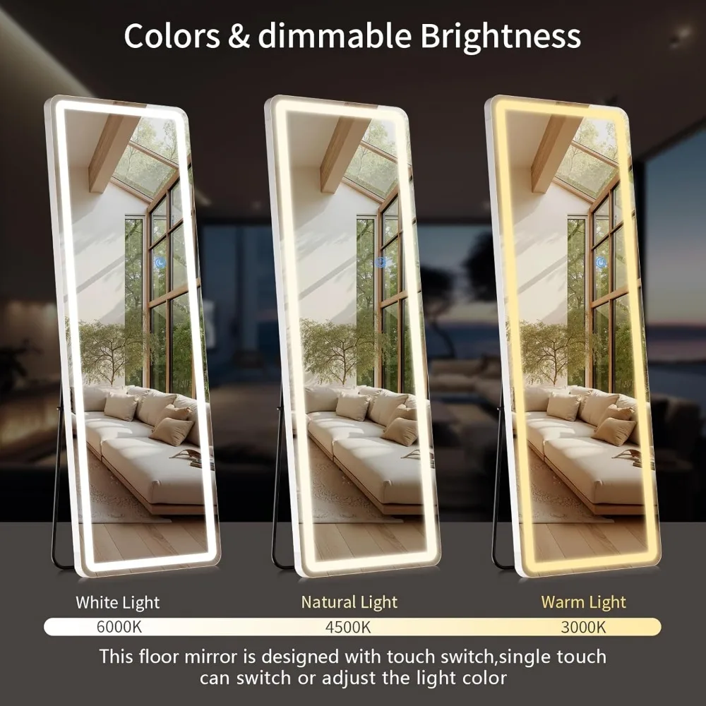 LED Full Length Floor Mirror 63x20 with Rounded Corners, Dimmable 3-Color Lights, Stand-in Full Body Mirror