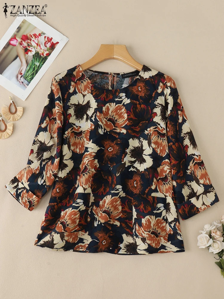 

2025 ZANZEA Autumn Printed Blouses Vintage Shirts Women O Neck 3/4 Sleeve Loose Tops Female Work Blusas Casual Cotton Chemise