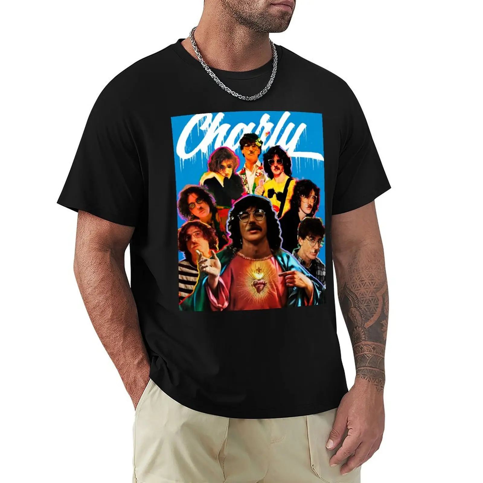 Camiseta azul Charly Garcia Collage, camiseta para trabajo de construcción