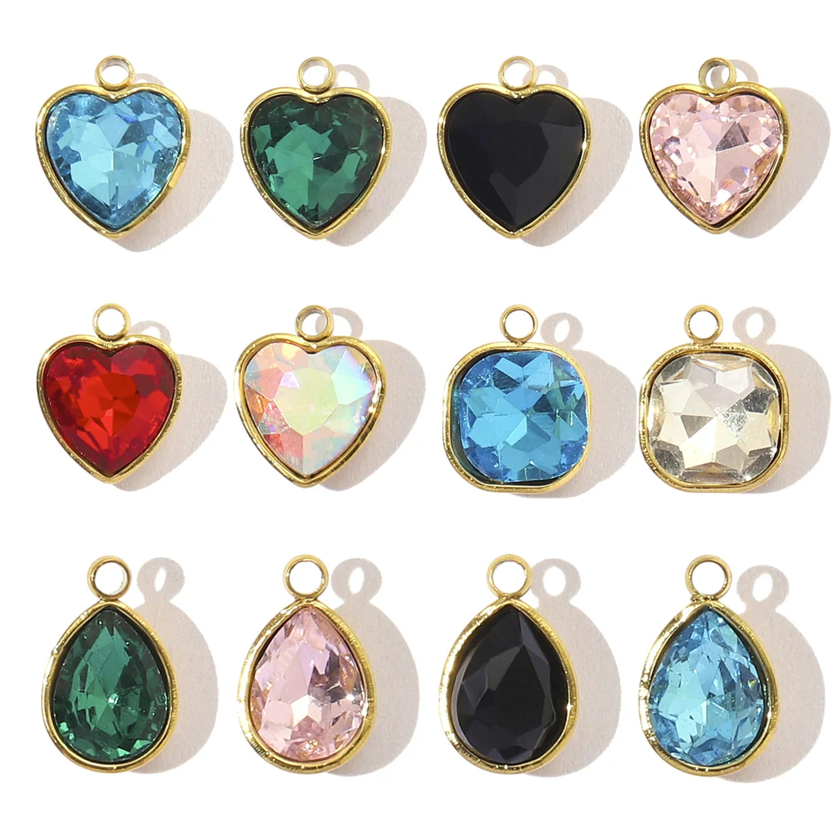 5 unids/lote clásico de acero inoxidable cristal corazón DIY dijes facetados transparente cuadrado gota de agua collar colgantes mujeres judío