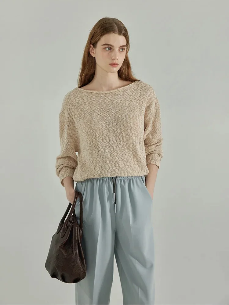 Slouchy Textured Boat Neck Cotton Sweater Women Knitted Pullover