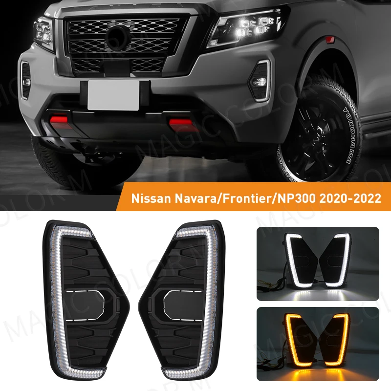 Car LED Daytime Running Light DRL Driving Fog Lamp Fit For Nissan Navara NP300 Frontier 2020 2021 Waterproof Turn Signal Yellow