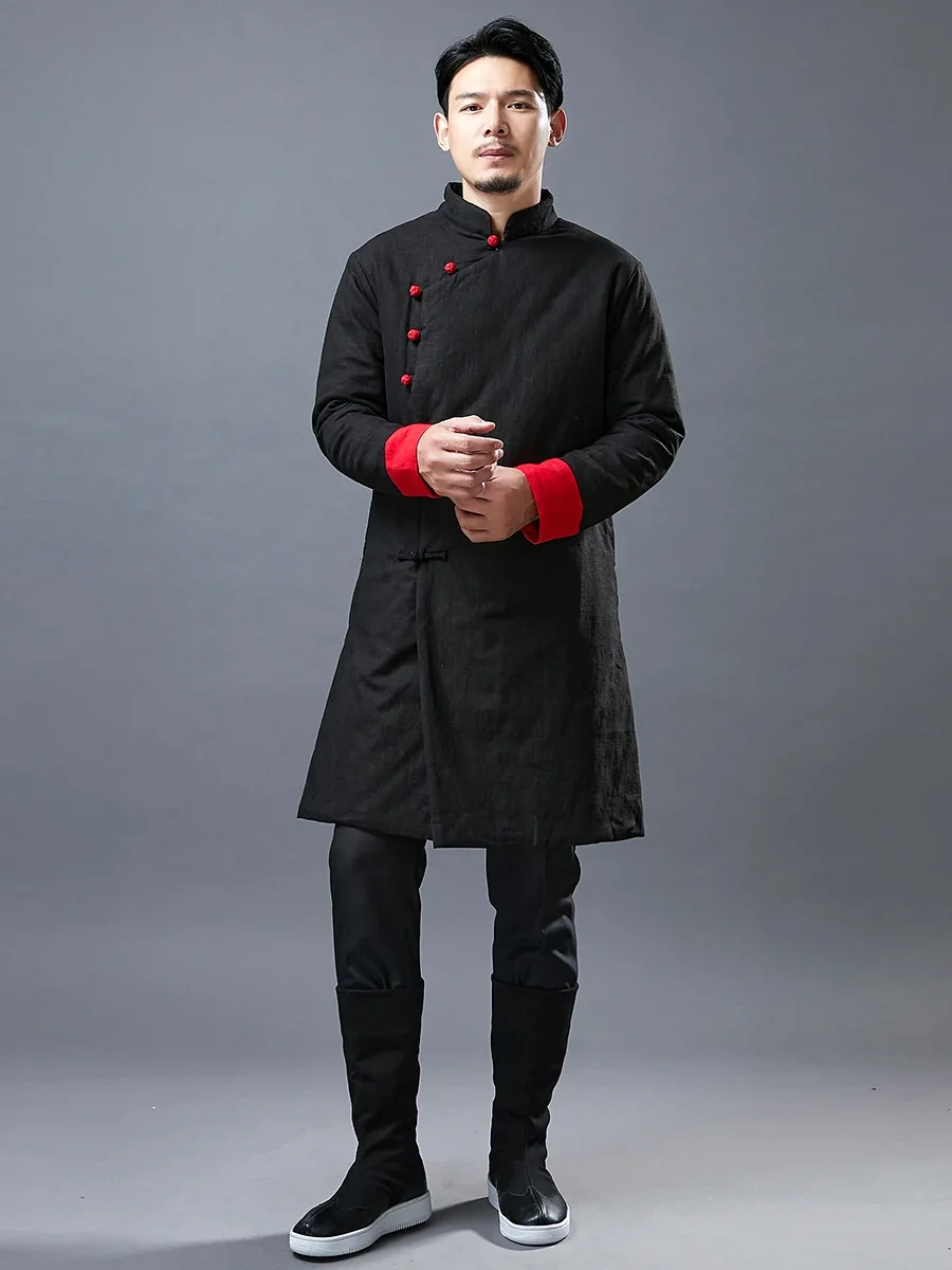 

Зимний халат с воротником-стойкой, средней длины, костюм Тан в китайском стиле, льняная куртка с хлопковой подкладкой, утепленное платье кунг-фу, парки тай-чи