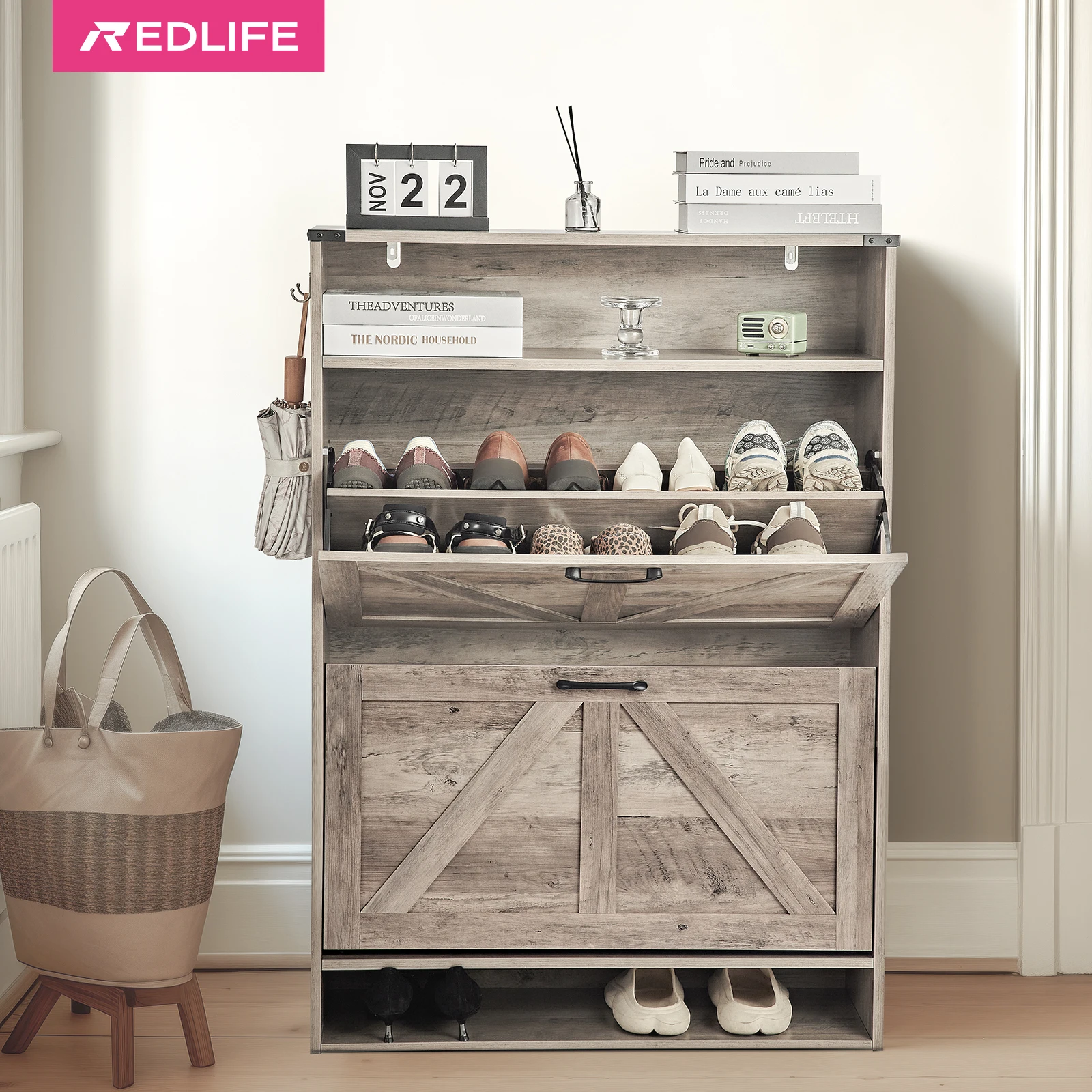 

Redlife Shoe Storage Cabinet with 2 Flip Drawers, Wood Hidden Shoe Rack Freestanding Shoe Organizer with Metal Legs for Entryway