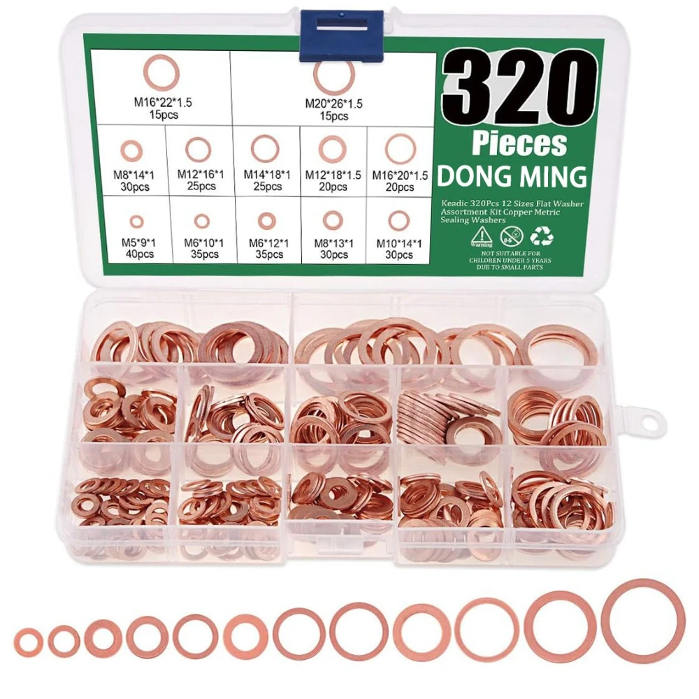 

320pcs Copper Sealing Flat Gasket M5 M6 M8 M10 M12 M14 M16 M20 O-ring Gasket Pure Copper Flat Gasket Washer Box Fasteners