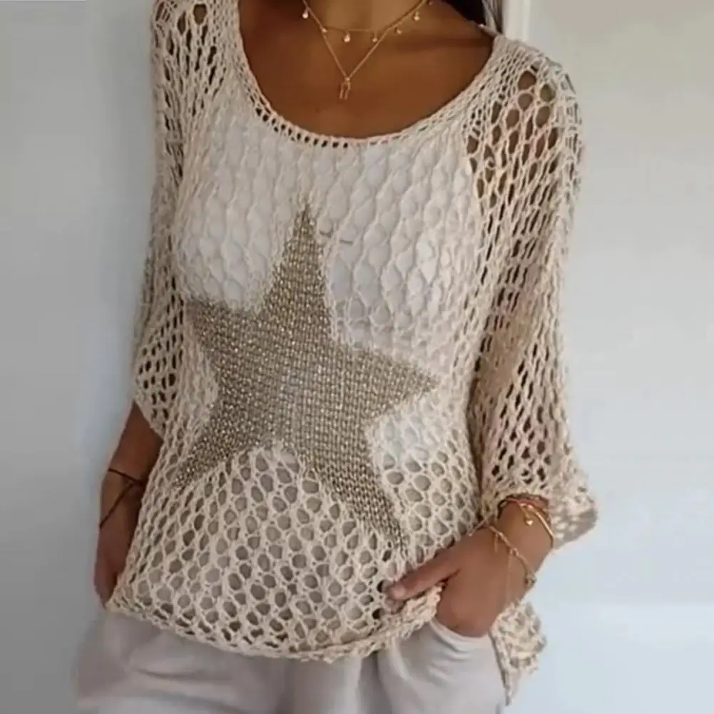 Crochet Fishnet Blouse Stylish Women\'s Crochet Tops O-neck Fishnet Knit Blouse V-neck Sweater Pullover Summer for Fashionable