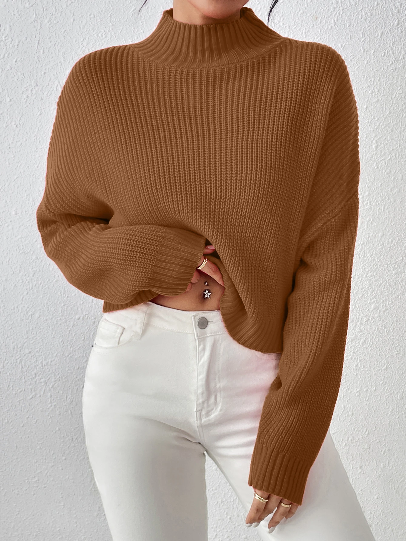 Solid Turtle Neck Pullover Sweater, Casual Long Sleeve Button, Women\'s Clothing,sueteres para mujeres