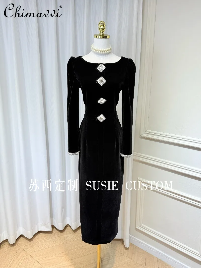 

High-End French Luxury Puff Sleeve Large Diamond Button Waist-Cinching Long Velvet Dress Spring New Fashion Birthday Dress