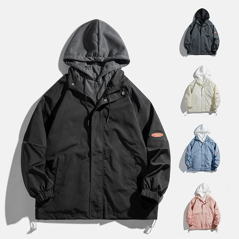 

Мужская толстовка-куртка весна-осень, модная, с эффектом двухслойности, в стиле рабочей одежды, из полиэстера, свободного кроя, на молнии, ветрозащитная