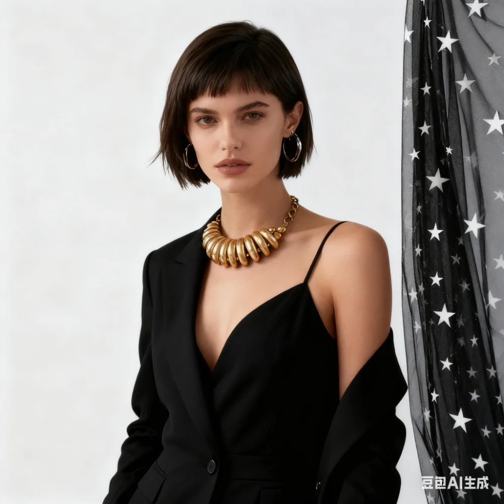 Gold Chunky Bib Necklace with Bold Oval Links Chain Detail Fashionable Statement Jewelry Gift for Women Valentine's Day Birt