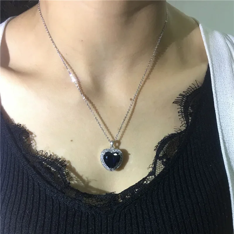 Really 925 Sterling Silver Necklace Big 6ct Heart of the ocean Blue Sapphire Wedding Pendant Necklace for Women Jewelry gift