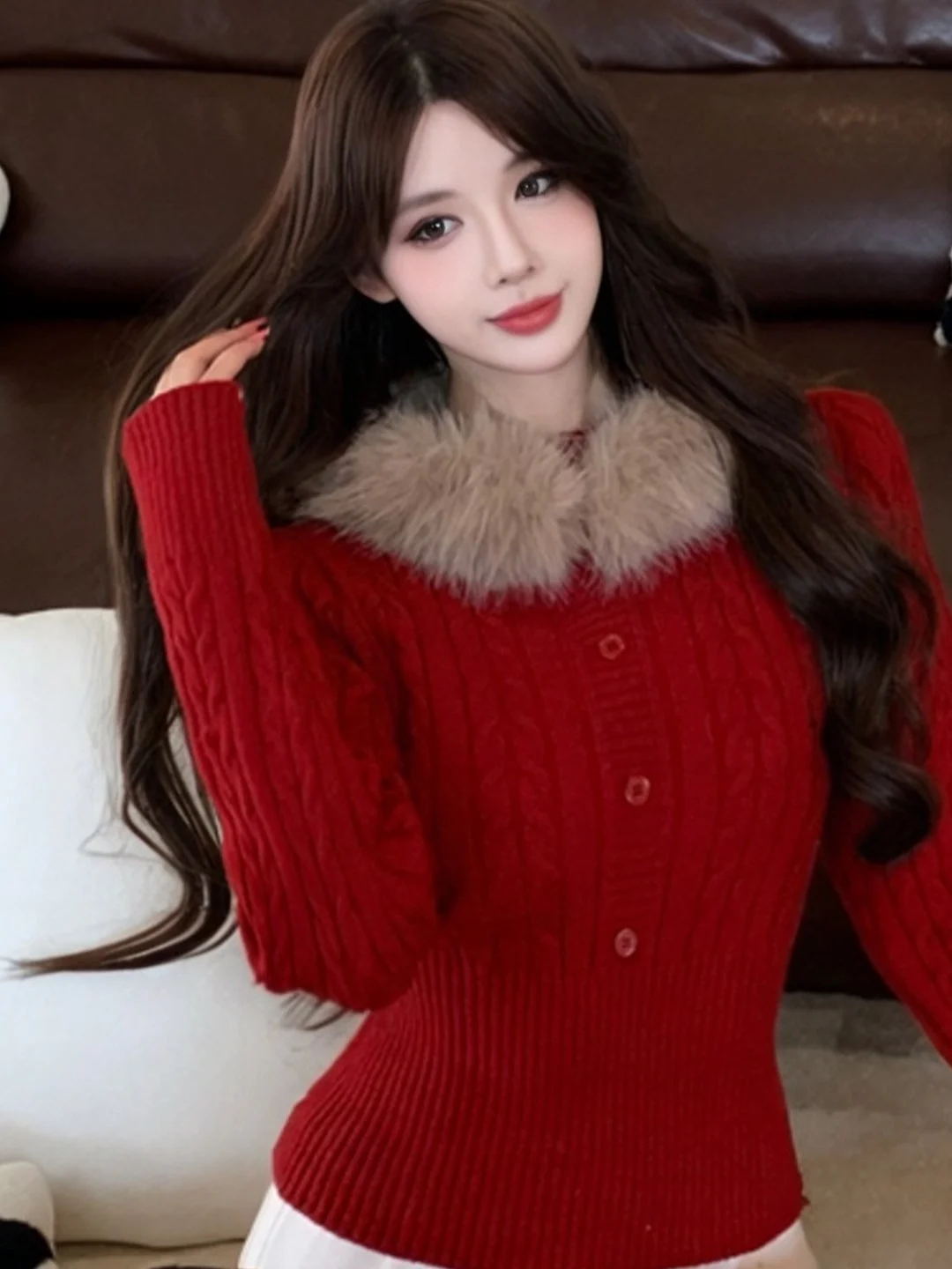 

Women's Thickened Knitted Sweater Autumn Winter Fashionable Turtleneck Removable Fur Collar Slim Fit Long Sleeve Breathable