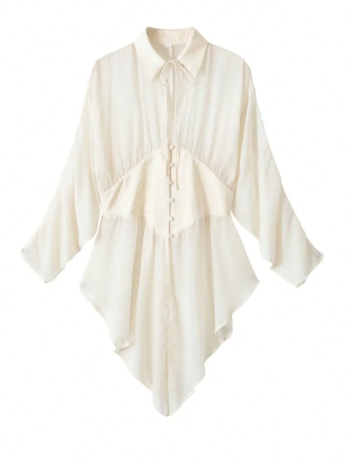 HH Damen-Bluse in Beige, mit gerafftem, transparentem, langem Stoff, Reverskragen, Kordel vorne, Korsettdetail, Knöpfe, lange Ärmel, ausgestellte Manschetten, schicke Oberteile – Detail 2
