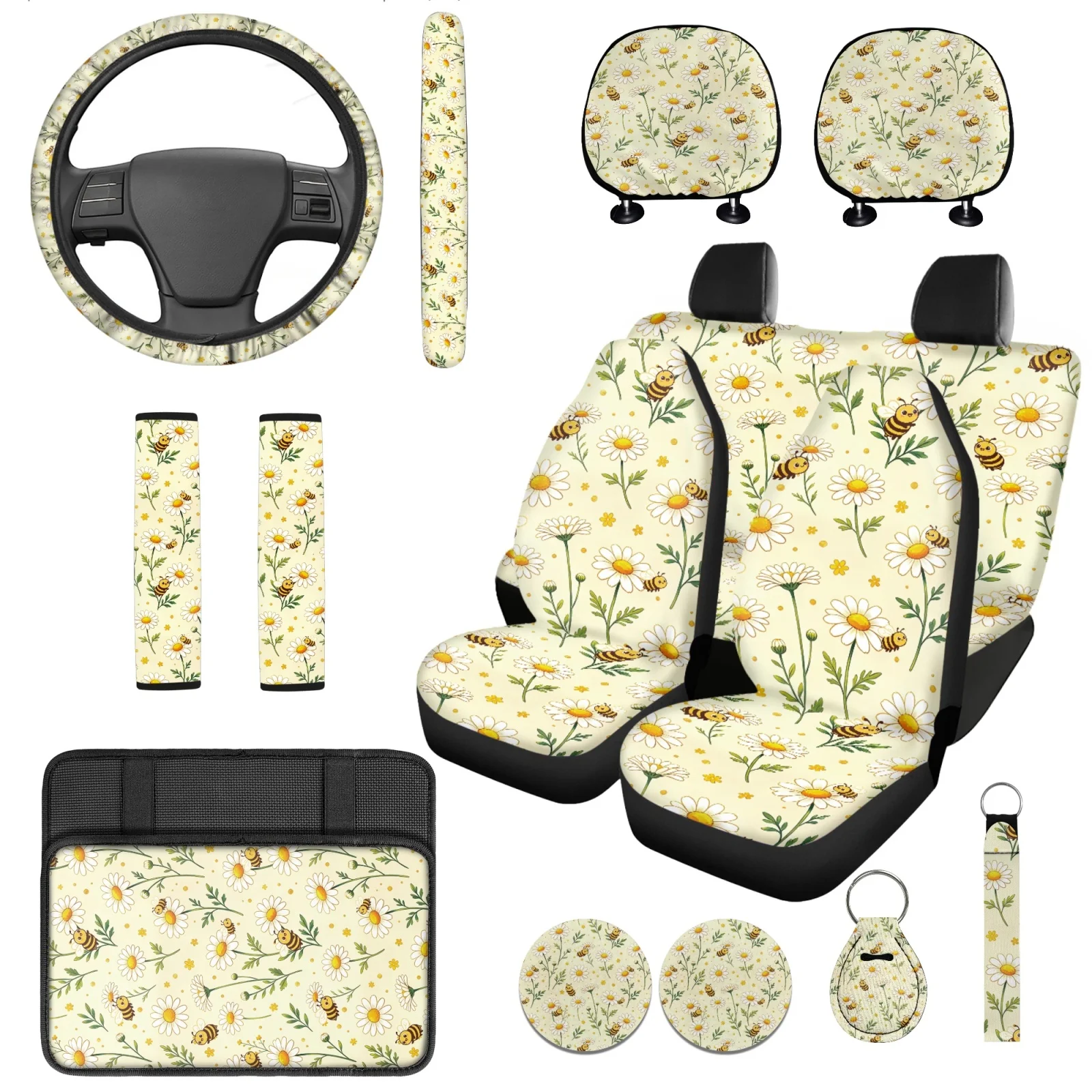 Coloranimal Bee Theme 14 Pcs Automotive Seat Cover Set with Soft Steering Wheel Cover and Cars Headrest Cover for SUV