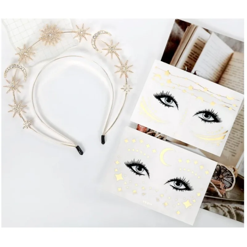 

Двухслойная повязка на голову в стиле барокко «Западная Богиня Солнца» с гексаграммой и луной из сплава для элегантного и гламурного образа