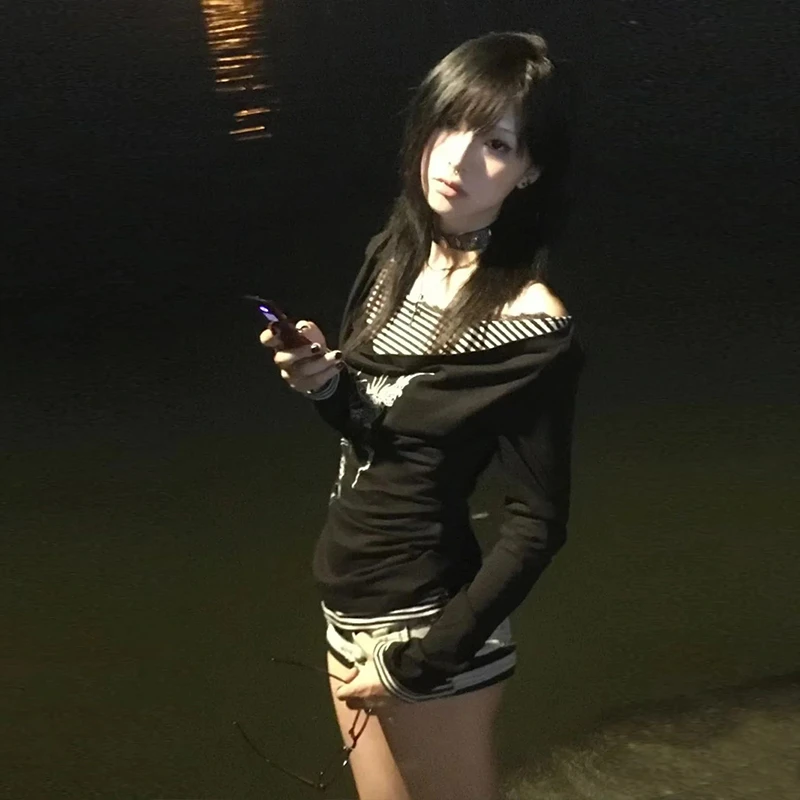 Genayooa Y2k اليابانية طباعة القمم غير النظامية المرقعة تي شيرت المرأة سوينغ طوق القوطية خمر الجرونج وهمية قطعتين القمم 2000s #2