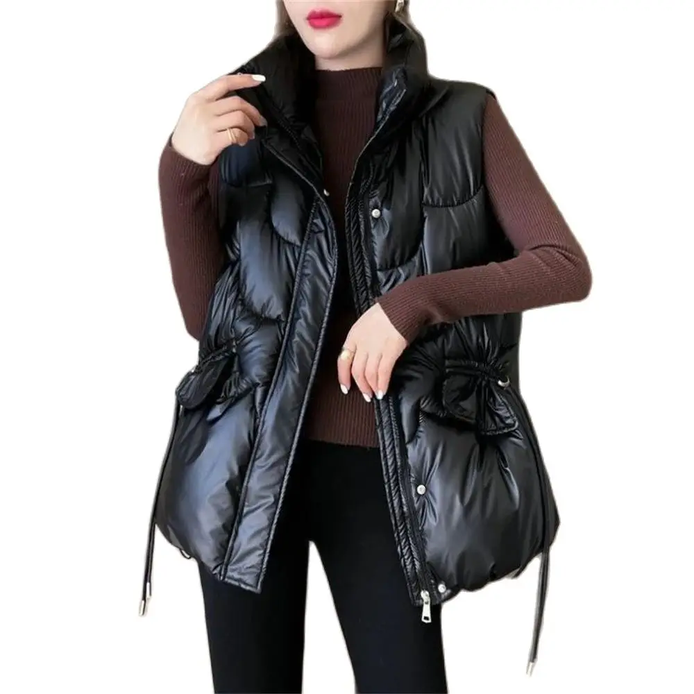 

2024 4xl Glossy Vests Thick Warm Women Coats Winter Basic Sleeveless Cotton-padded Outwear Korean All-match Loose Tops Gilet