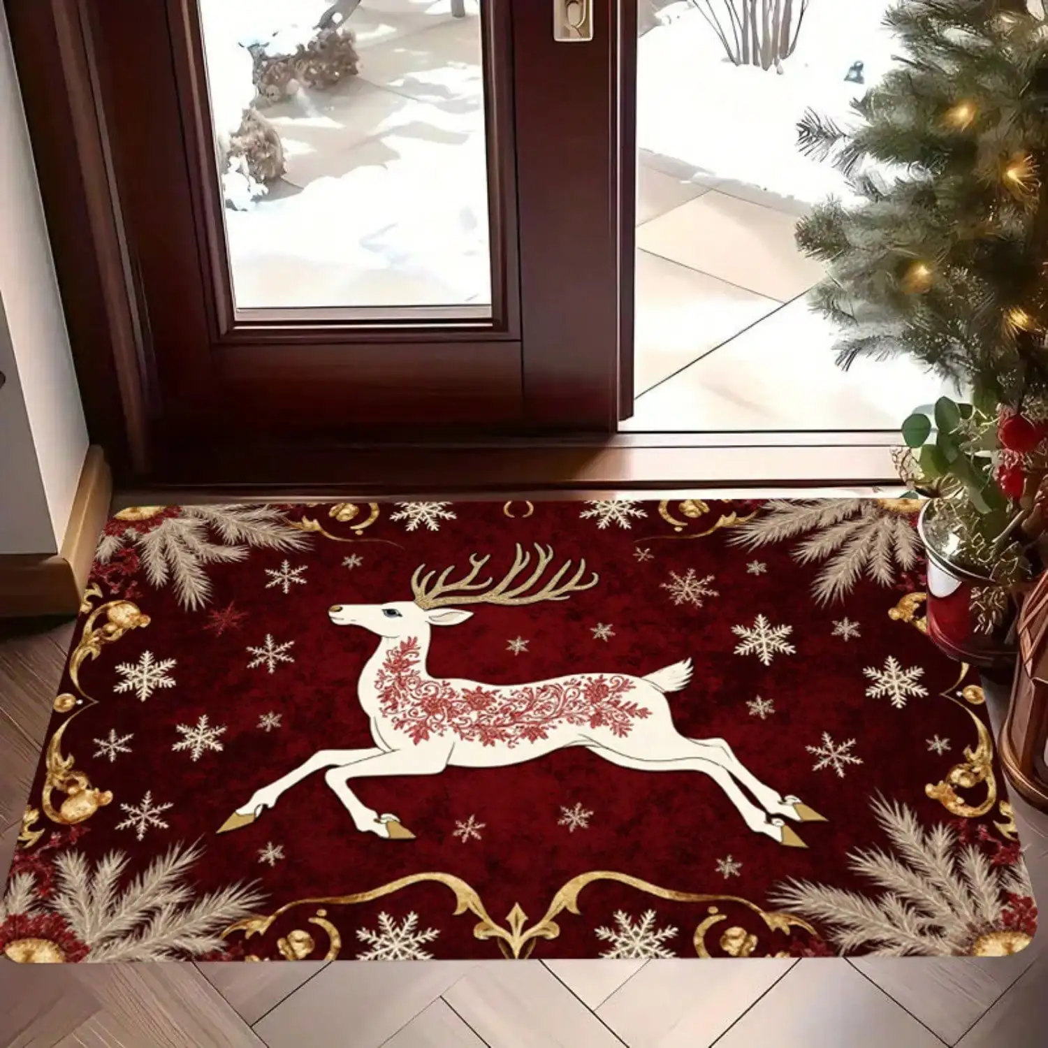 1pc Deer Snowflake Patterned Printed Doormat, Soft And Comfortable Flannel Mat, Suitable For Indoor/Outdoor Entryways, Perfect For Doorways, Living Rooms