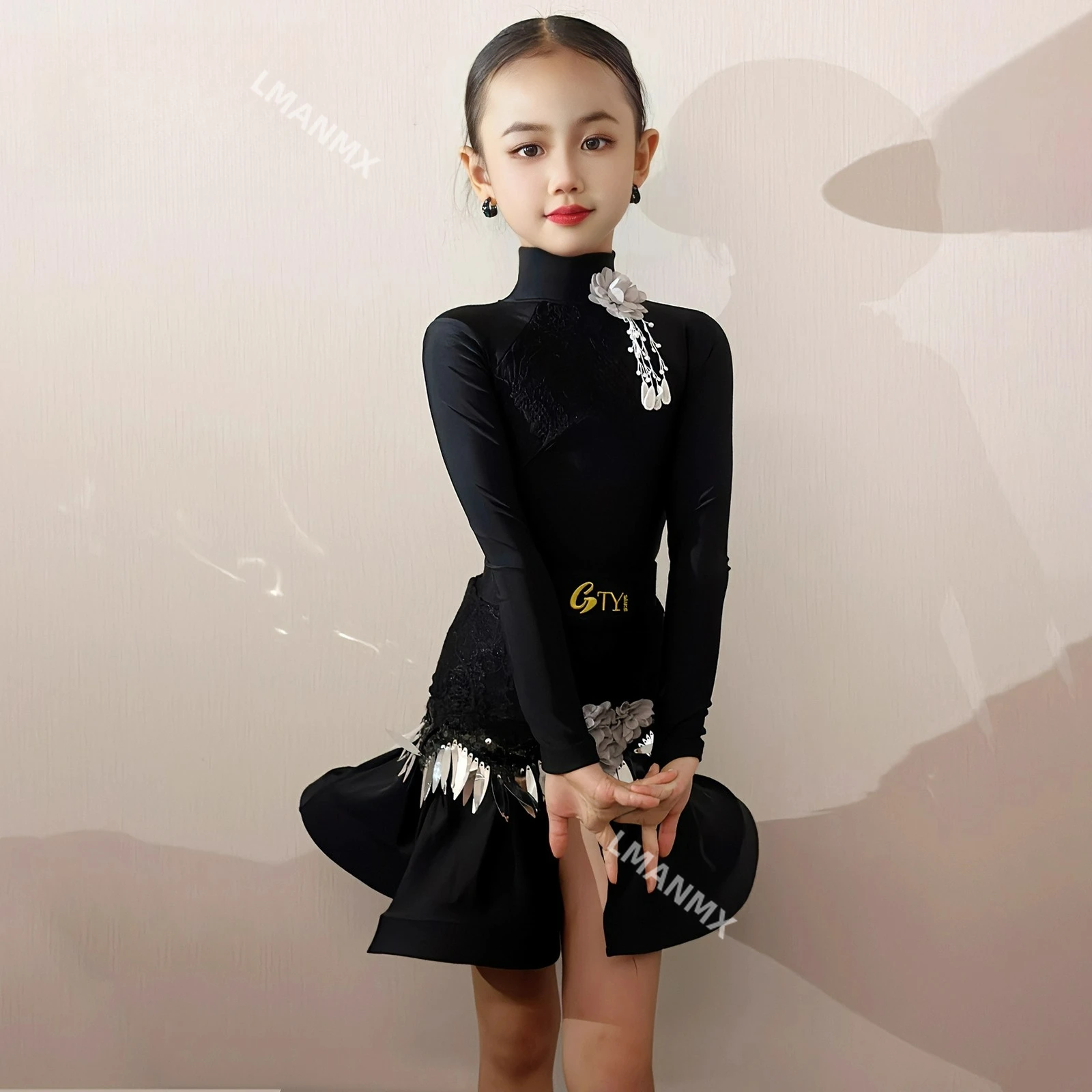

New Latin dance costume for girls in autumn and winter, black high-end practice dance performance suit set