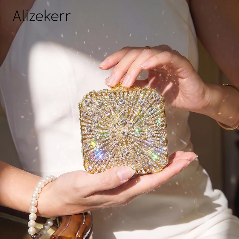 Alizekerr Luxury Rhinestone Evening Bag Women Gorgeous Square Hard Case Crystal Metallic Clutch Purse For Banquet Formal Events