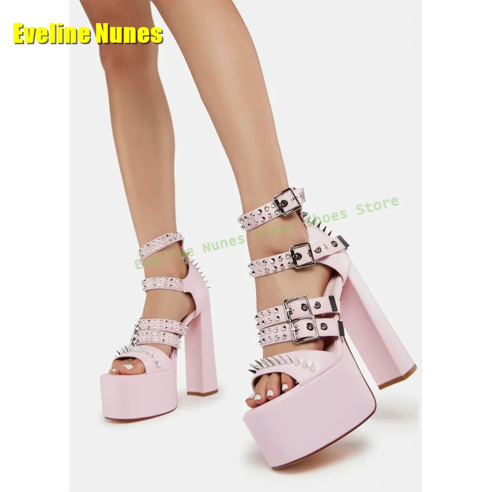 Pink Rivet Spike Platform Sandals Square Toe Block Heels Belt Buckle Ankle Strap Women Punk Pumps 2025 Summer Fashion Shoes