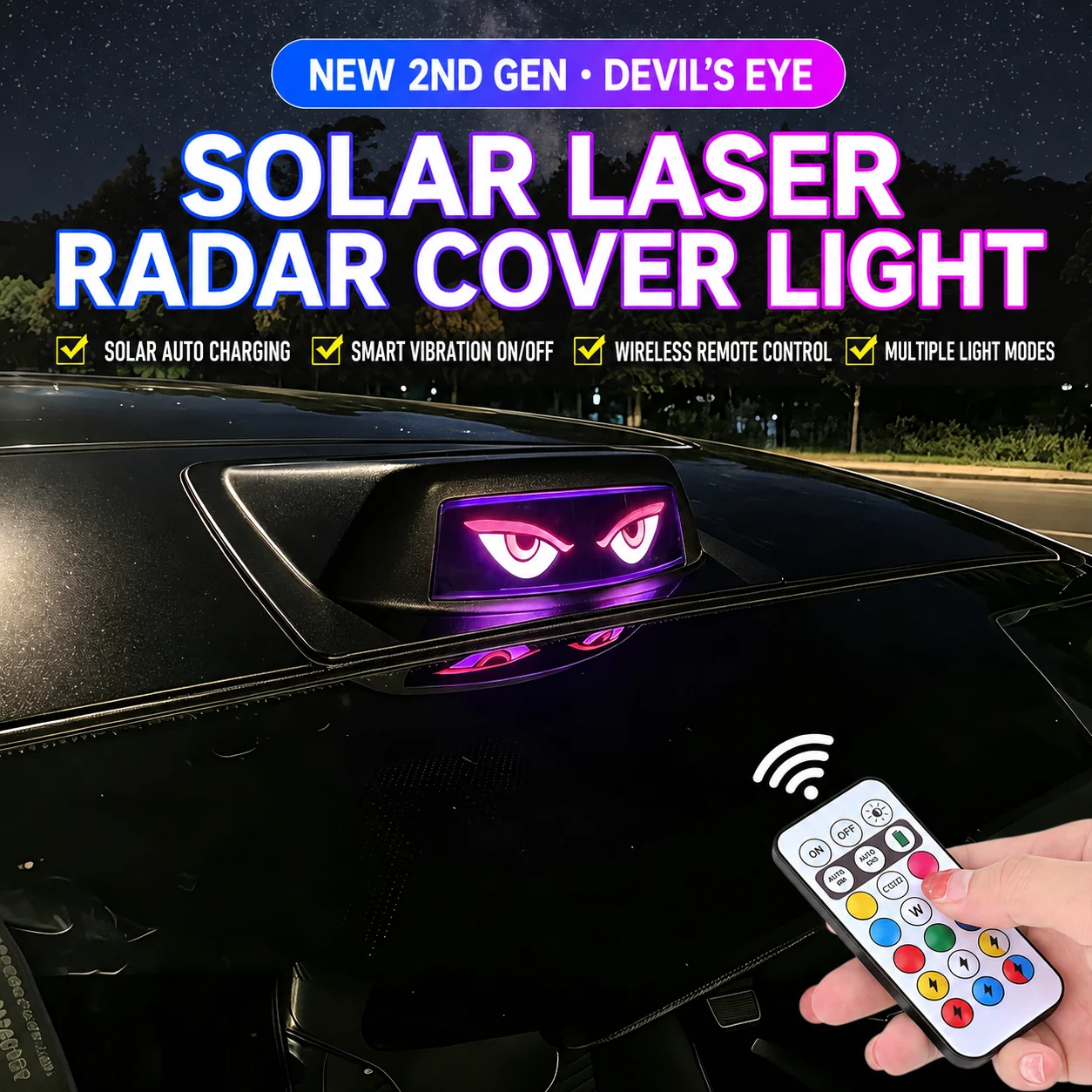 RGB Solar Car Roof LiDAR Decorative Light Anti Rear-End Collision Warning Flashing Strobe Light, Wireless Vibration Activated