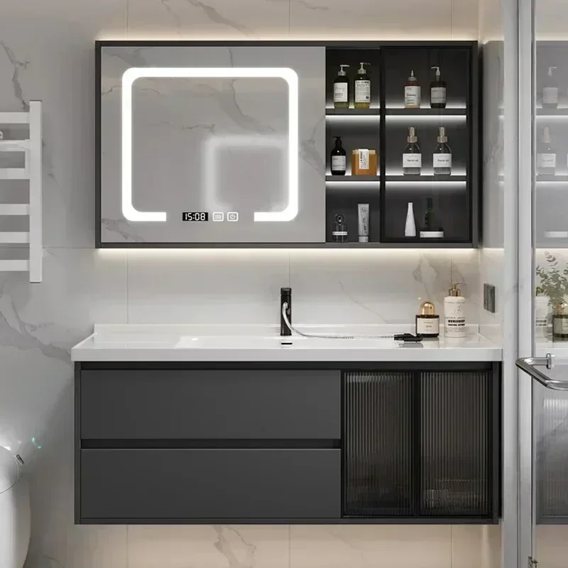 Bathroom Furniture Cabinet Integrated Basin Smart Bathroom Toilet Black Bathroom Storage Cabinets Set With Mirror Home Furniture