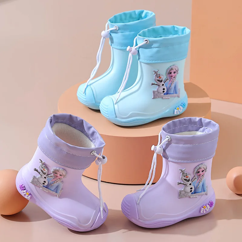

Summer Children Rain Boots Anti-Slip Soft Bottom Breathable Disney Elsa Anti-Odor Student Cartoon Cute Add Velvet Rain Boots
