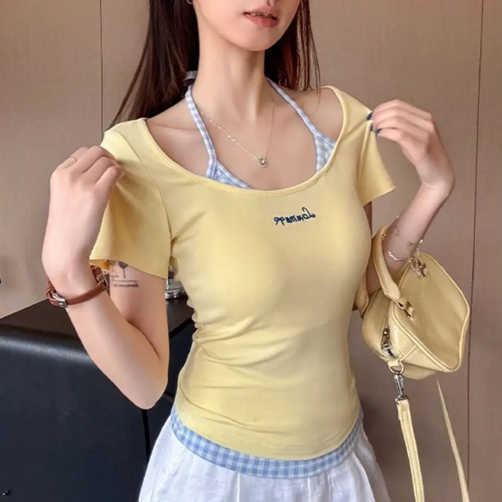 

Sweet Blue Grid Long Sleeve T-shirt Simple Undershirt Slim Thin Pullover Lace Bottoming Shirt Crop Top Women Y2k Female