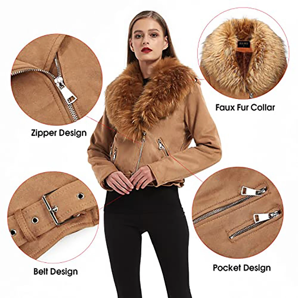 Giolshon Women Winter Faux Fake Leather Jackets Lady Vintage Thick Warm Suede Short Moto Coats Chic Casual Outwear Tops Female