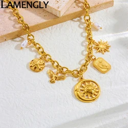 LAMENGLY 316L Stainless Steel Hip Hop Sun Face Moon Combination Pendant Necklace Women Exaggerated Eagle Palm Clavicle Chain