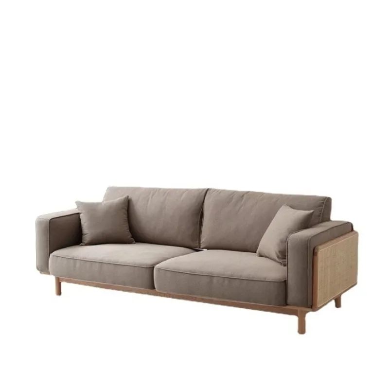 

Rattan sofa combination Japanese ash wood three-person fabric log simple small apartment living room solid wood