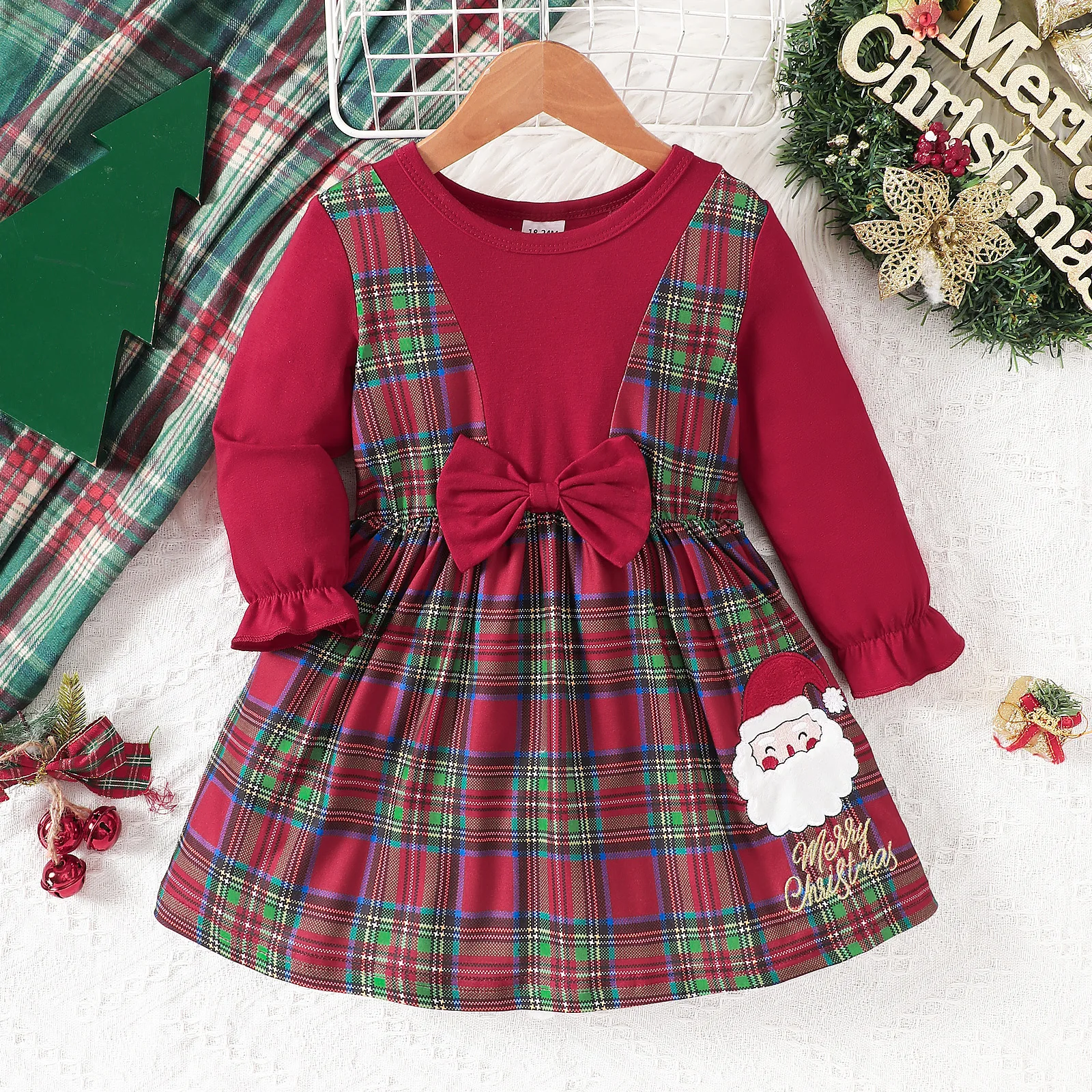 

Christmas Costume Girls Clothing 2025 New Year Bow Long Sleeves Dress Holiday Xmas Outfit Santa Claus Dress