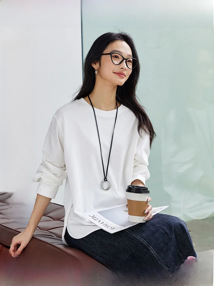 

Fashionable White Long Sleeve T-Shirt Women's Mid-Length round Neck Top Spring New Style Casual Cotton Viscose Blend