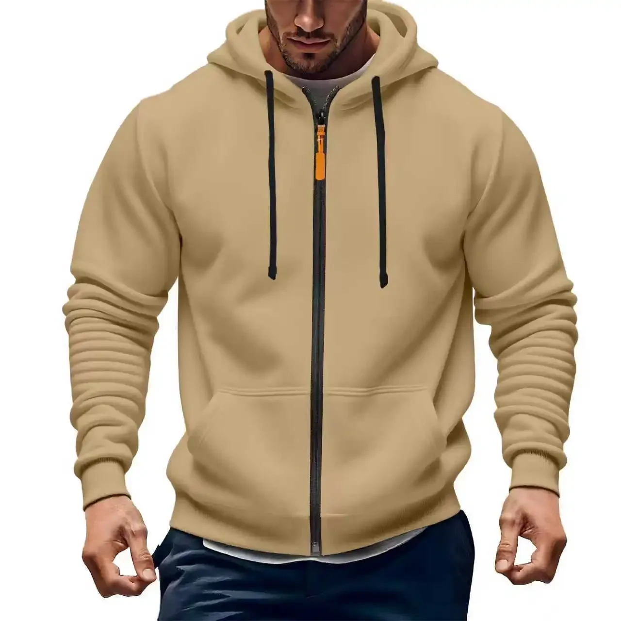 Spring and Autumn New Men's Muscle Sports Style Solid-color Zipper Outdoor Casual Street Hooded Long-sleeved Pullover