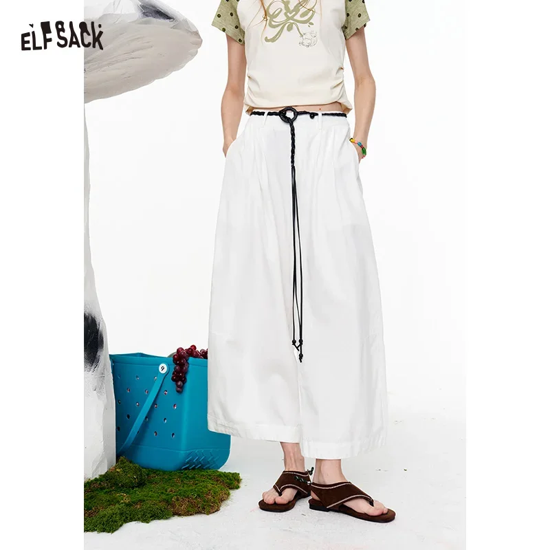 ELFSACK Drawstring Decorative Loose Trousers,  High Waist Wide Leg White Pants, Casual Linen-Look Pants for Women