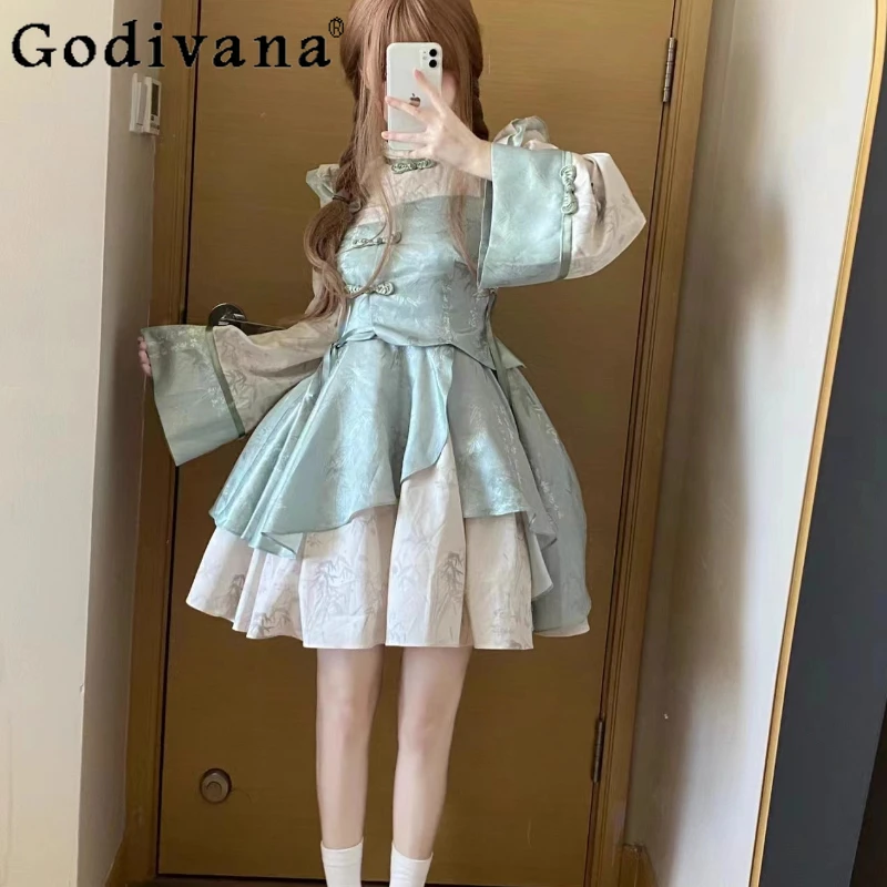 

Lolita New Chinese OP Improved Sweet Girls Cheongsam Removable Long Sleeve Spring Autumn Winter Christmas Party Cake Dresses