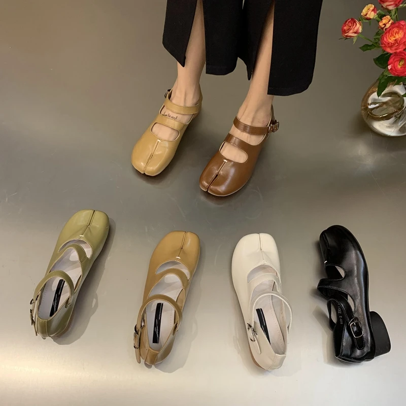 NEW Spring PU Tabi Ninja Moccasins Round Split Toe Shallow Women Single Shoes Buckle strap Female Casual Soft Mary Janes Shoes