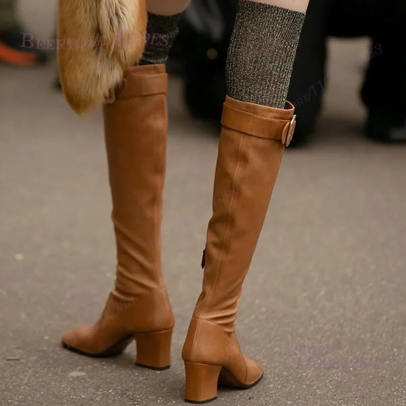 

Dark Brown Soft Leather Buckle Knee Boots Women Low Chunky Heel Black Casual Round Zipper Winter Style Concise Booties Shoes