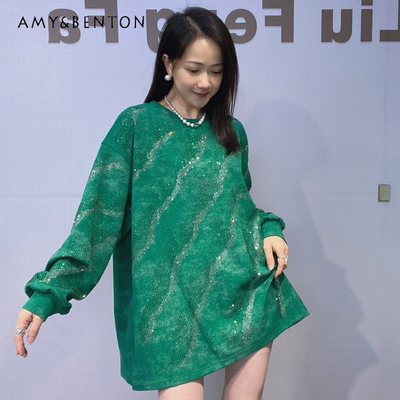 

Fashion Long Sleeves Mid-Length Sweatshirt Women's Autumn Heavy Embroidery Rhinestone Cover Hip O-Neck Oversized Colorful Top