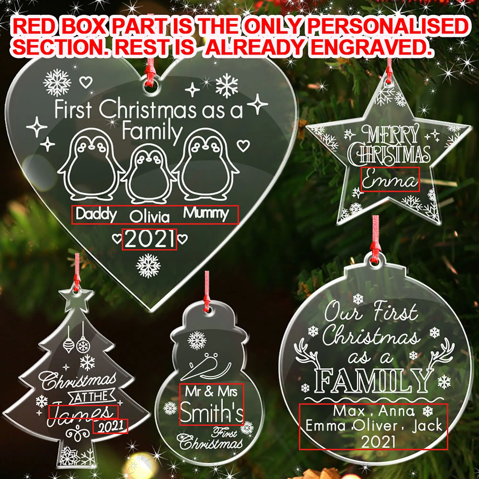 Adorno de Navidad personalizado, acrílico, corazón, estrella, forma de árbol, nombre personalizado, año, vacaciones, decoración colgante, regalo para fiesta familiar