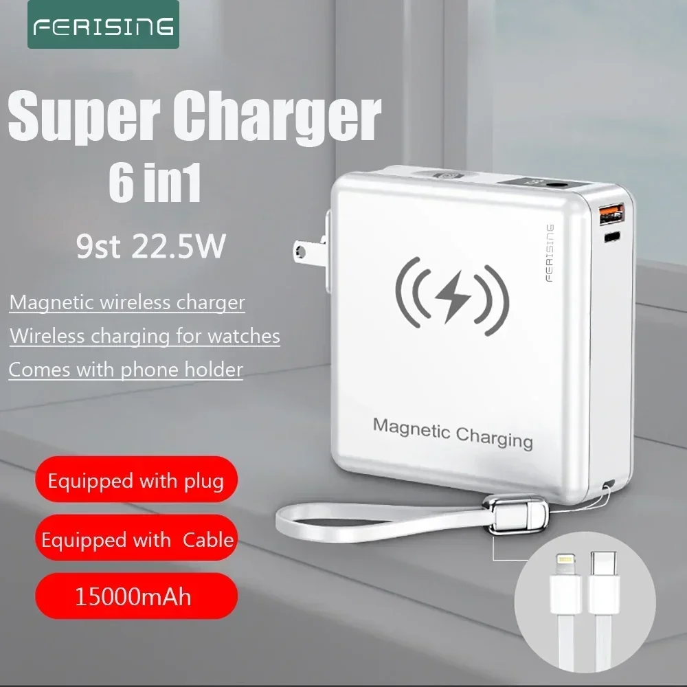 

FERISING-Portable Magnetic Power Bank, External Battery for Apple Watch, Wireless, Magsafe, Charging, 22.5W, 15000mAh, 6in1