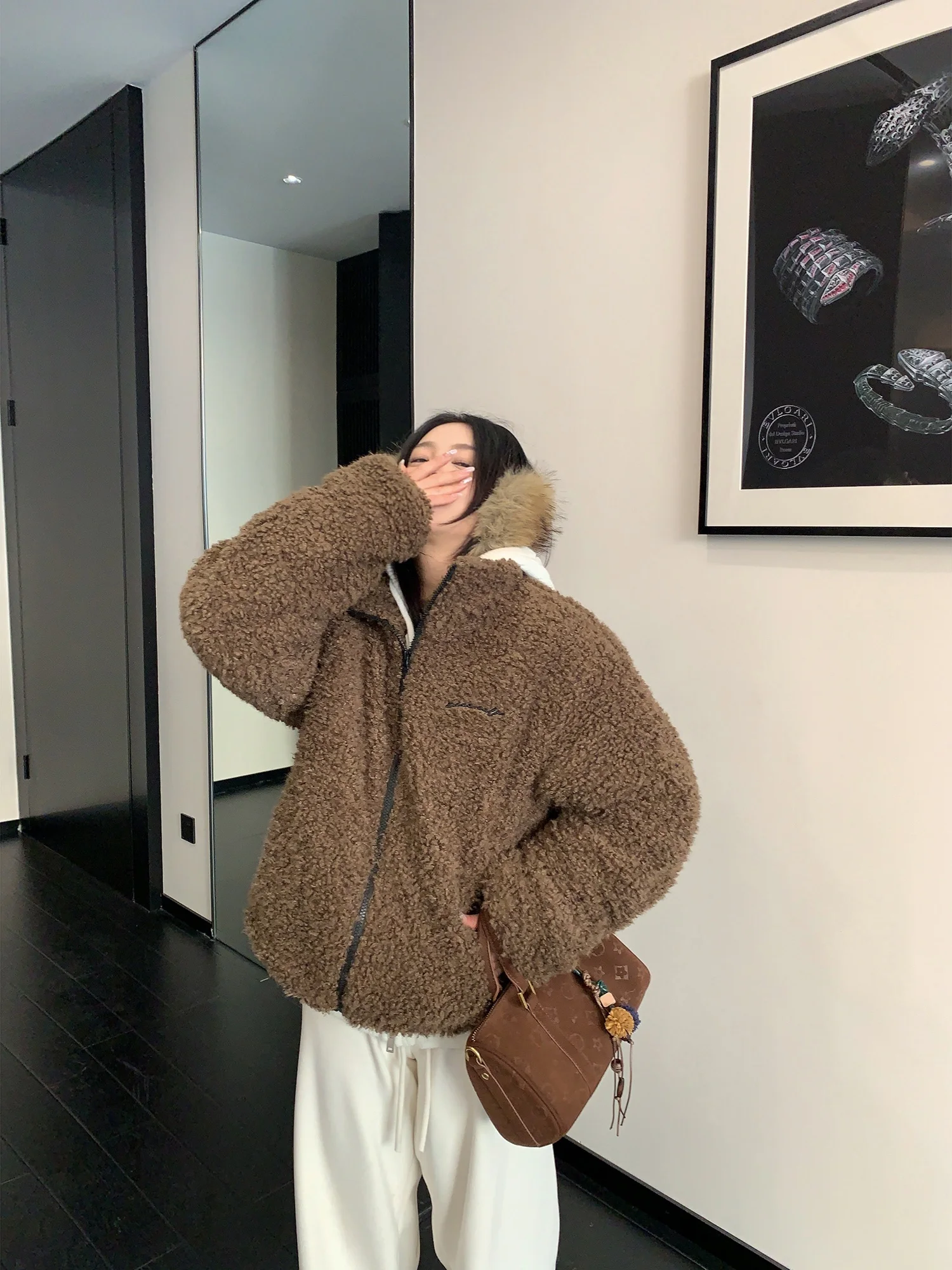 

Thiened Lamb Fur Cotton Jaet Women's Loose Warm Winter Coat ort American Retro Sle Streetwear Faion Outerwear