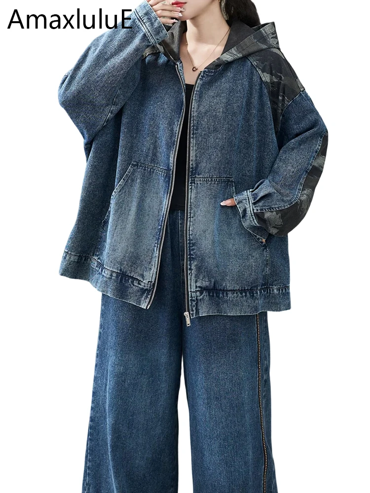 Amax LuluE Autumn Womens Fashion Denim Suits Loose 2 Pieces Sets Hooded Printed Jacket Zipper Jeans Vintage Pants Casual Outfits