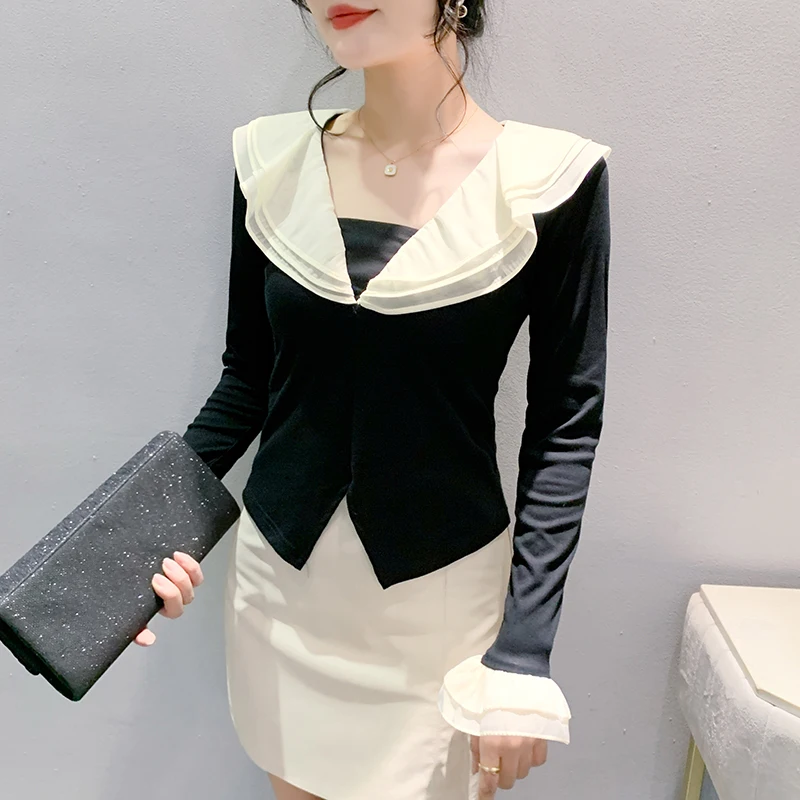 MadBlack, European Clothes Cotton T-Shirt, Women Sexy V-Neck Ruffles Top, Long Sleeve Fashion Tee, 2024 Autumn Winter T488102QM