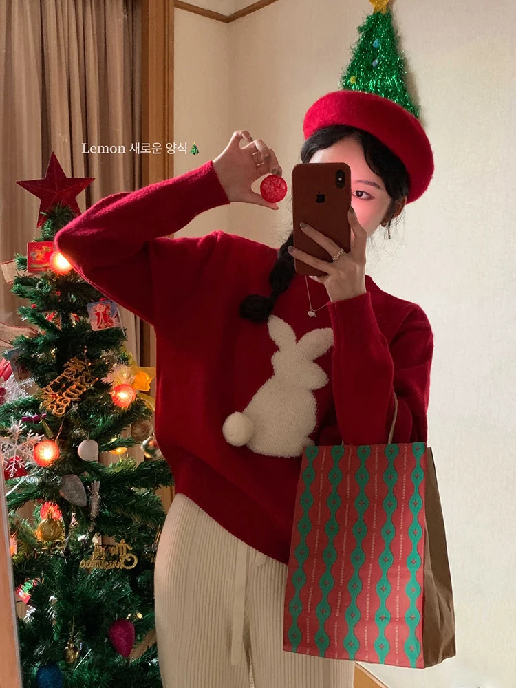 Christmas Red Knitted Pullovers For Women New O-Neck Lovely Rabbit Pattern Warm Sweater Fashion Sweet Female Knitwer Tops